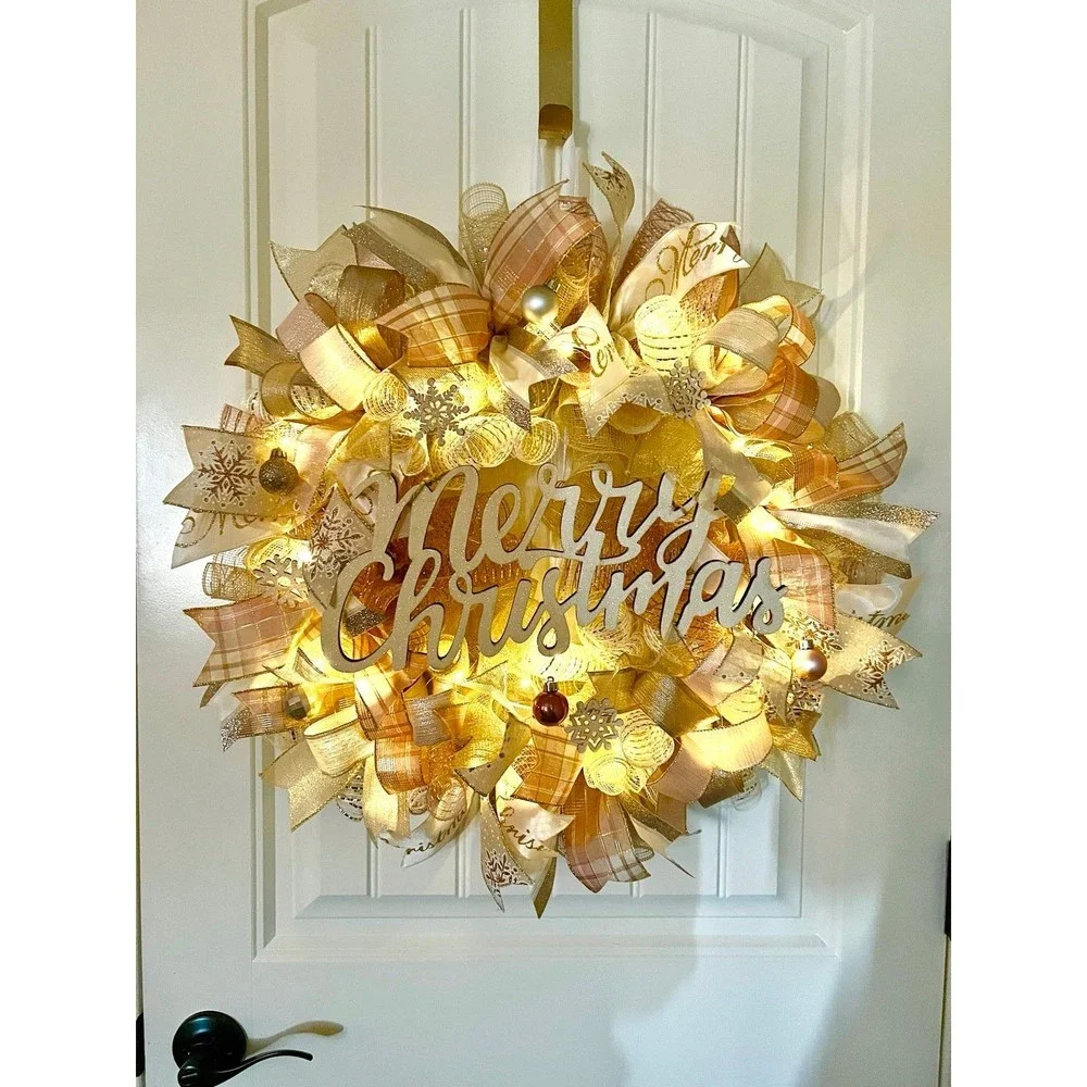 Christmas Snowflake Holiday Ribbon Door Wreath Handmade 22 ins LED W12 Gold Pink